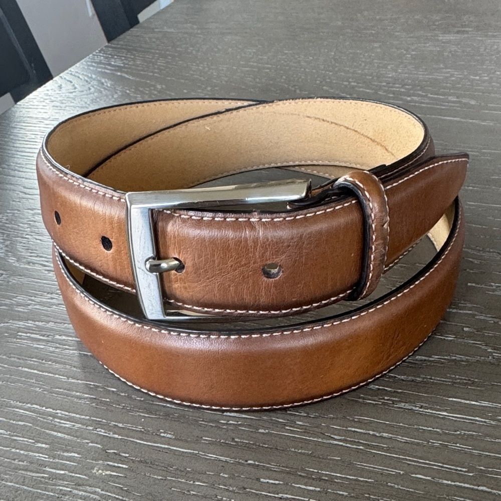 Tasso Elba Men's Brown Leather Belt Size 34 Silver Casual Dress Tone Buckle GUC